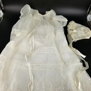 Vintage Baby Child Baptism Christening Dress Hat Cap Bonnet White Lace Ruffle